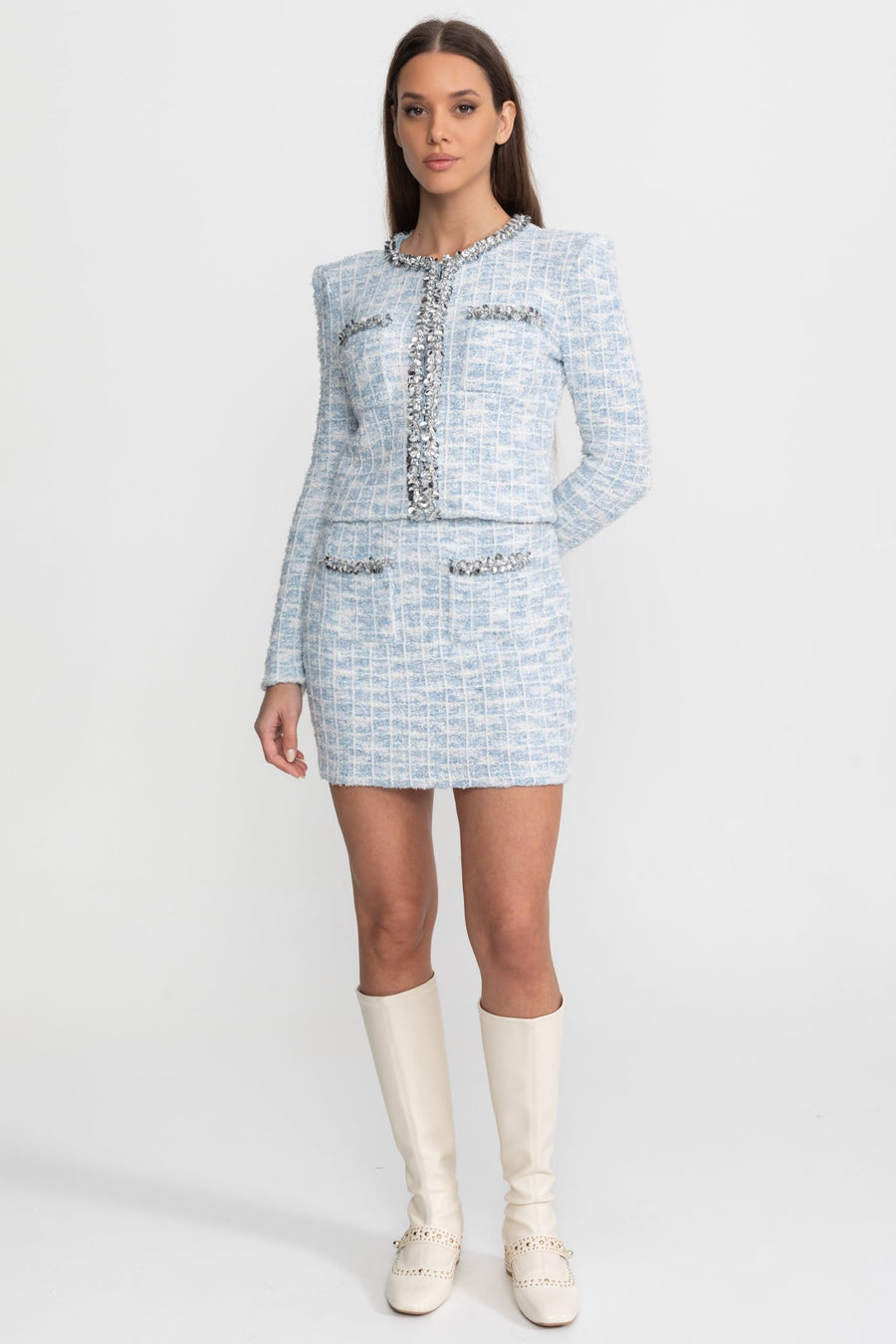 Embellished Tweed Co-Ord Set with Crystal Trim – Light Blue