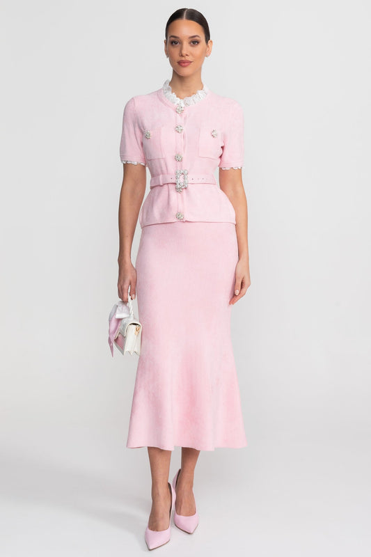 Short Sleeve Co-Ord With Peplum Waist And Crystal Button Belt - Blush Pink