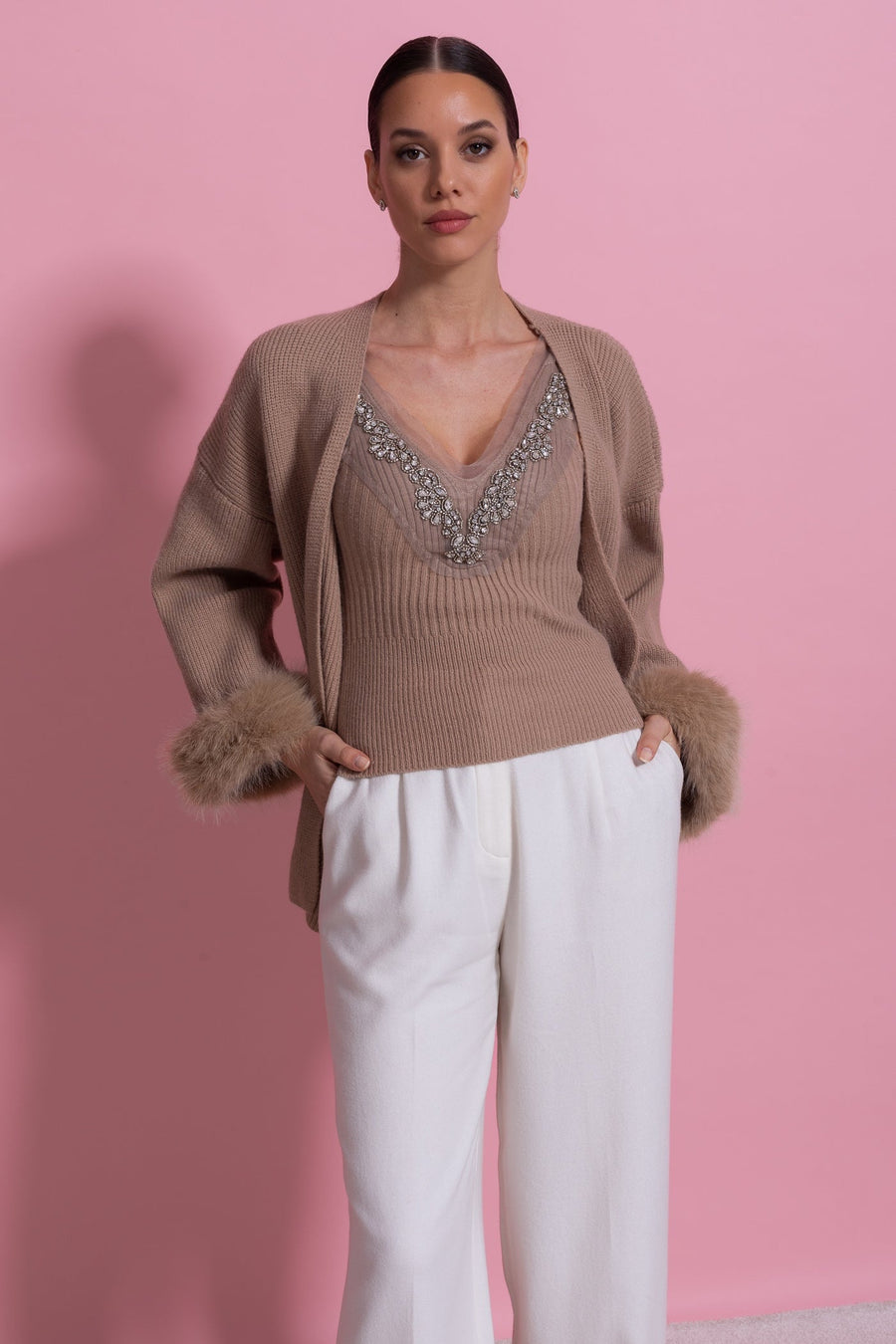 Knit Two Piece Set With Crystal Embellishments And Trim Cuffs - Beige