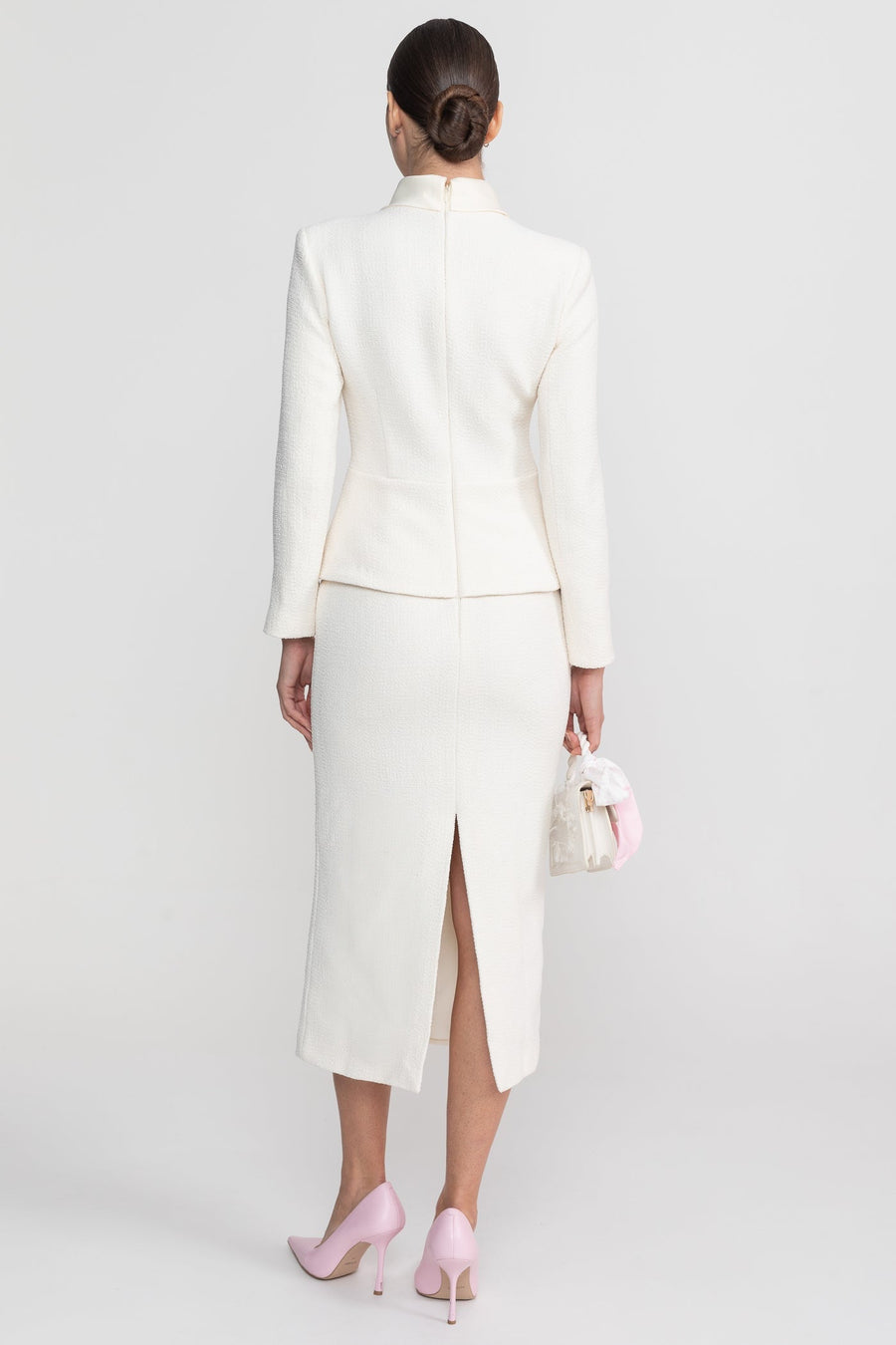 Textured Midi Dress With High Neck Jacket And Crystal Button Detail - White