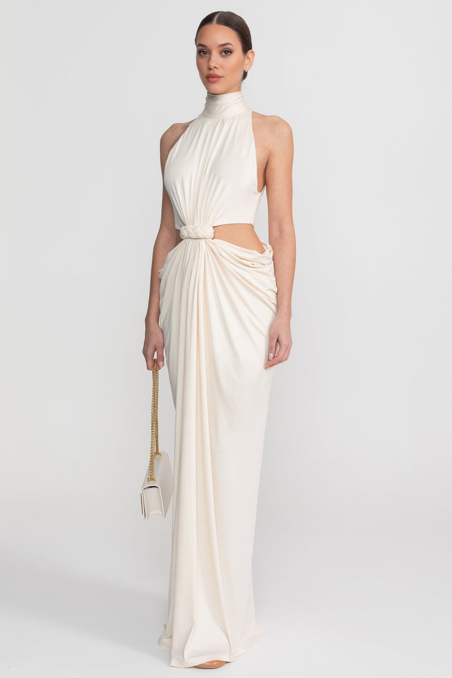 High Neck Halter Maxi Dress With Knotted Cut-Out Waist - Ivoire