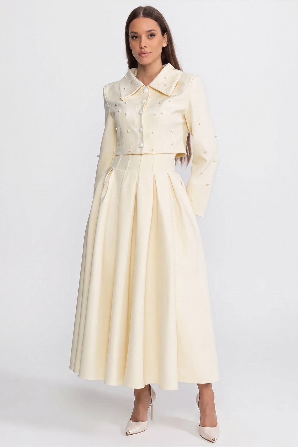 Pearl-Embellished Co-Ord Set with Cropped Jacket and Full Skirt – Ivoire