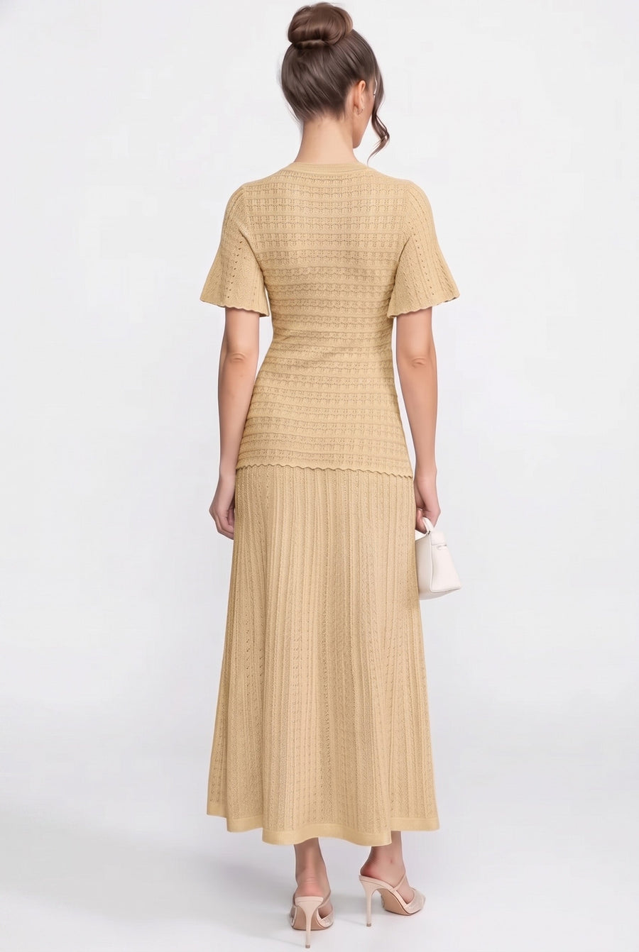 Short Sleeve Midi Dress With Shimmer Knit Texture - Beige