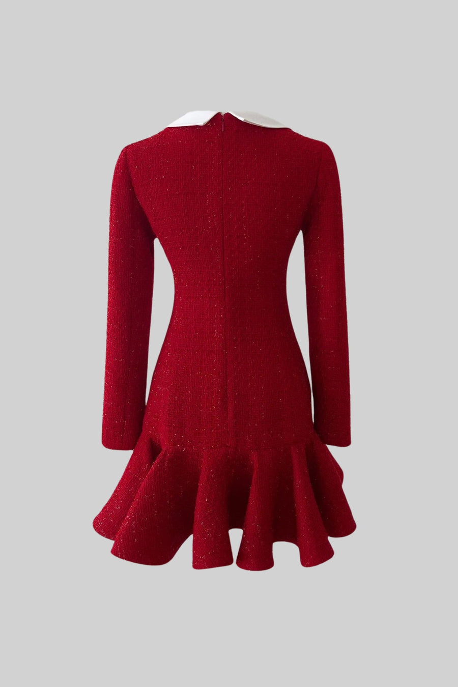 Tweed Fit-and-Flare Dress With Contrast Collar and Bow Detail – Red