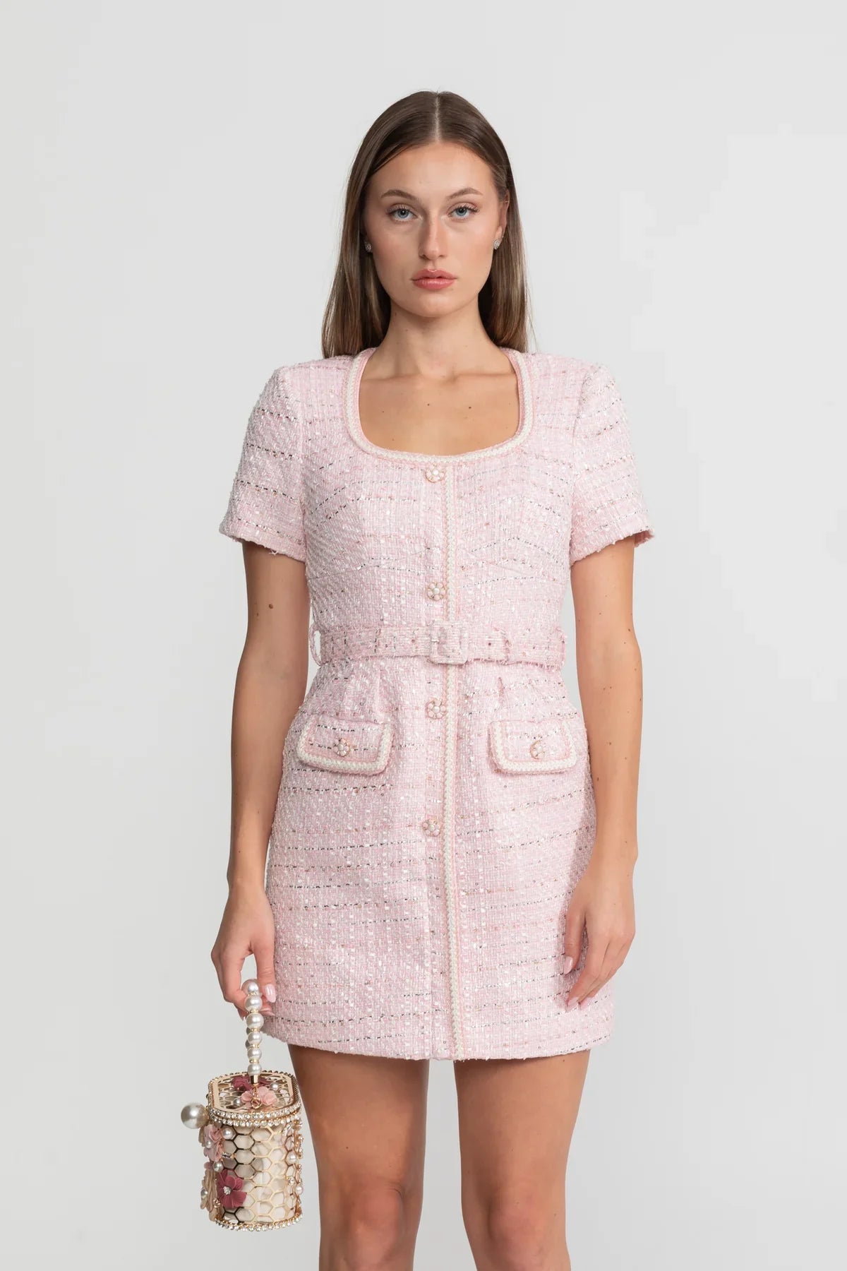 Short Sleeve Tweed Mini Dress With Matching Belt – Blush Pink