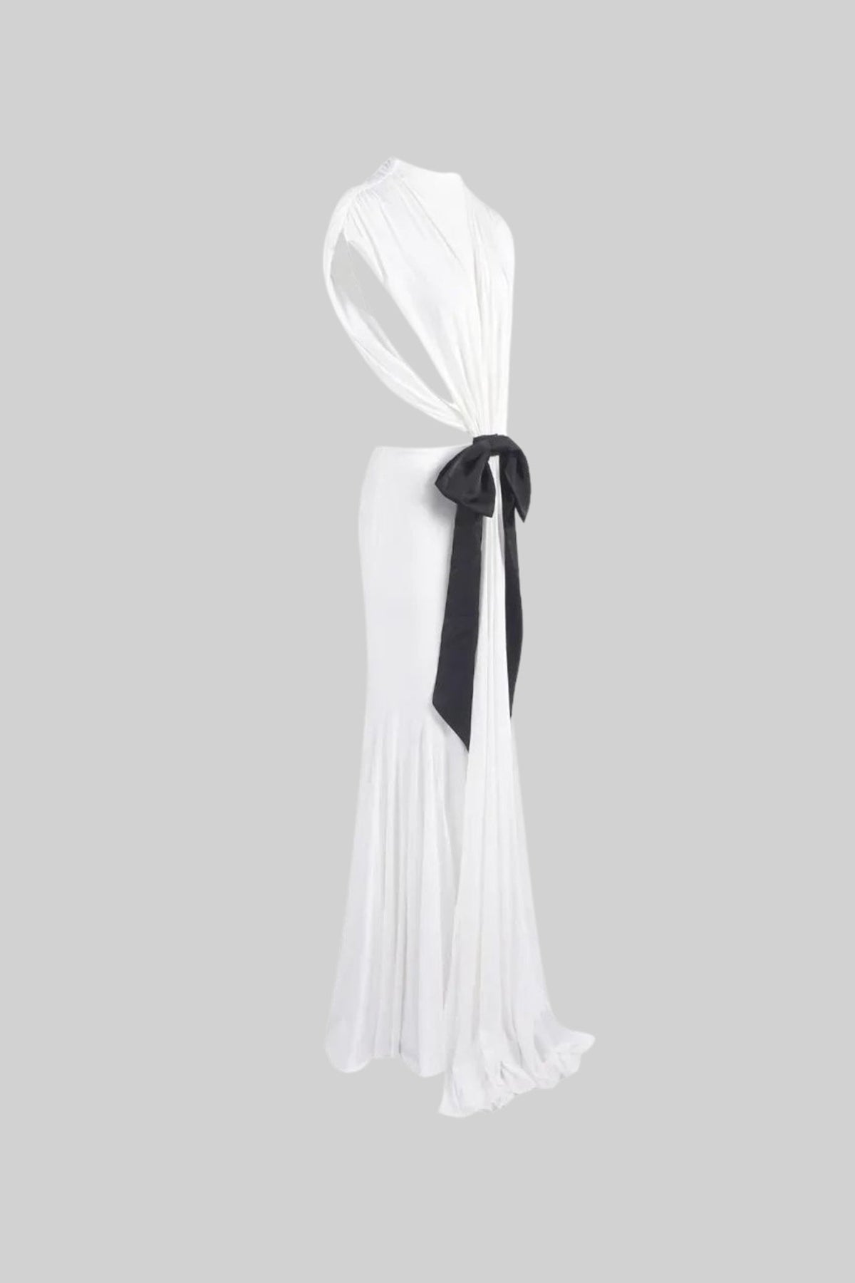 Open Back Draped Gown With Contrasting Bow Detail – White