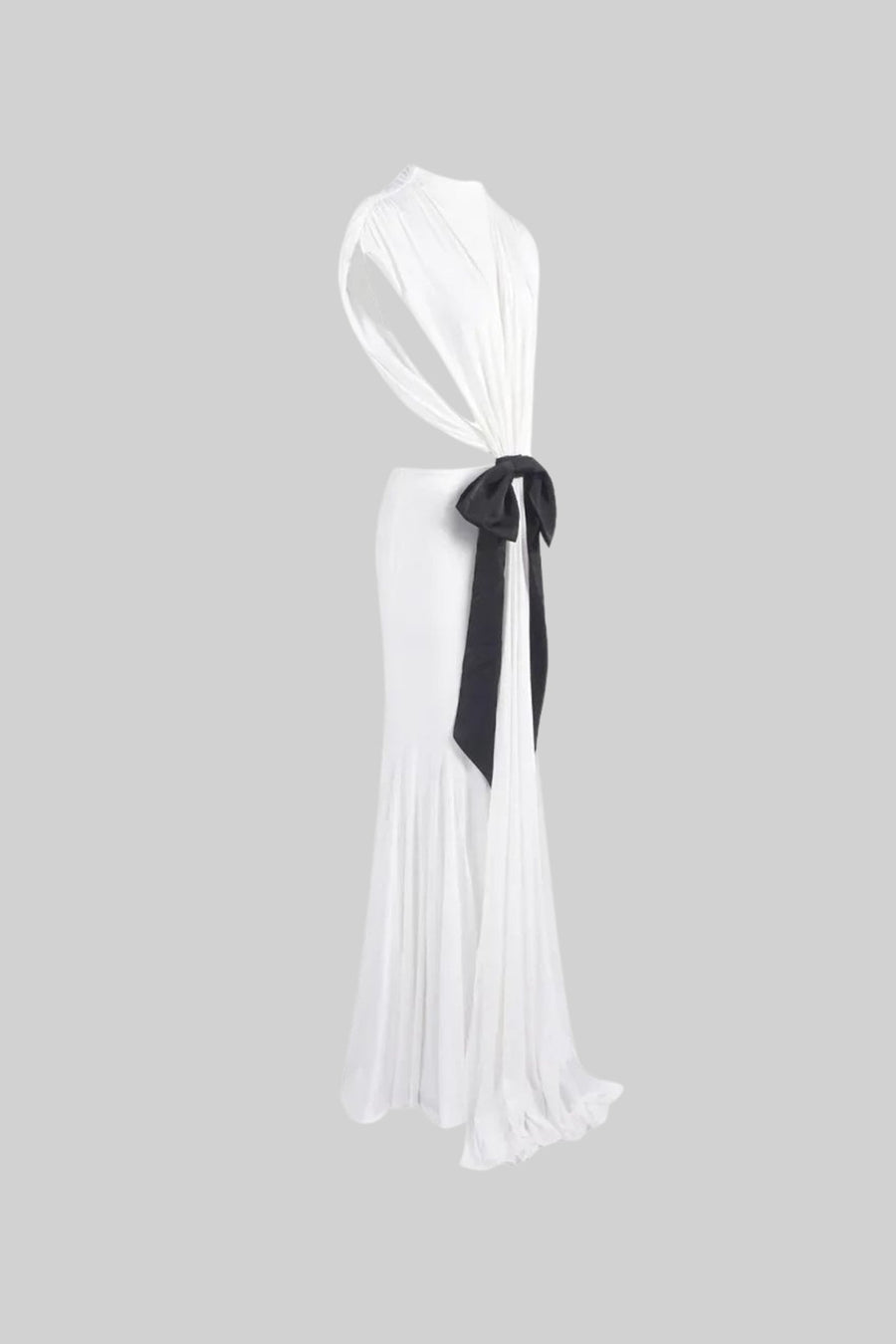 Open Back Draped Gown With Contrasting Bow Detail – White
