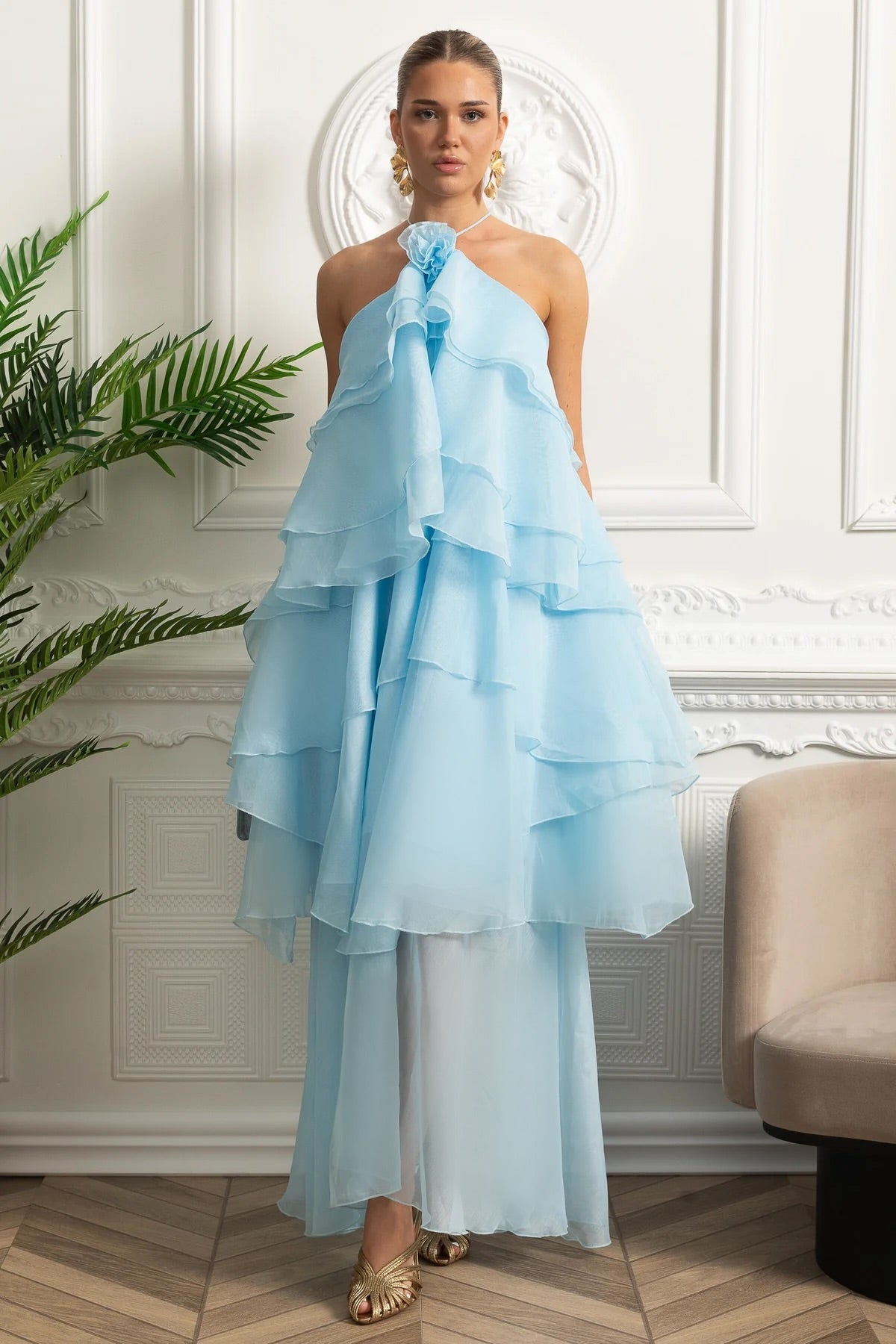 Halter Tiered Ruffle Maxi Dress - Sky Blue