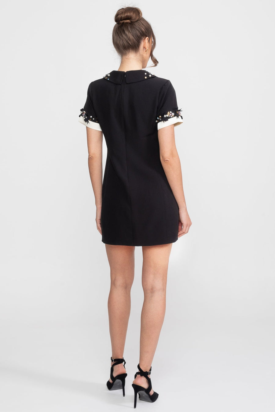 Mini Dress With Crystal-Embellished Peter Pan Collar And Jewel Cuffs - Black