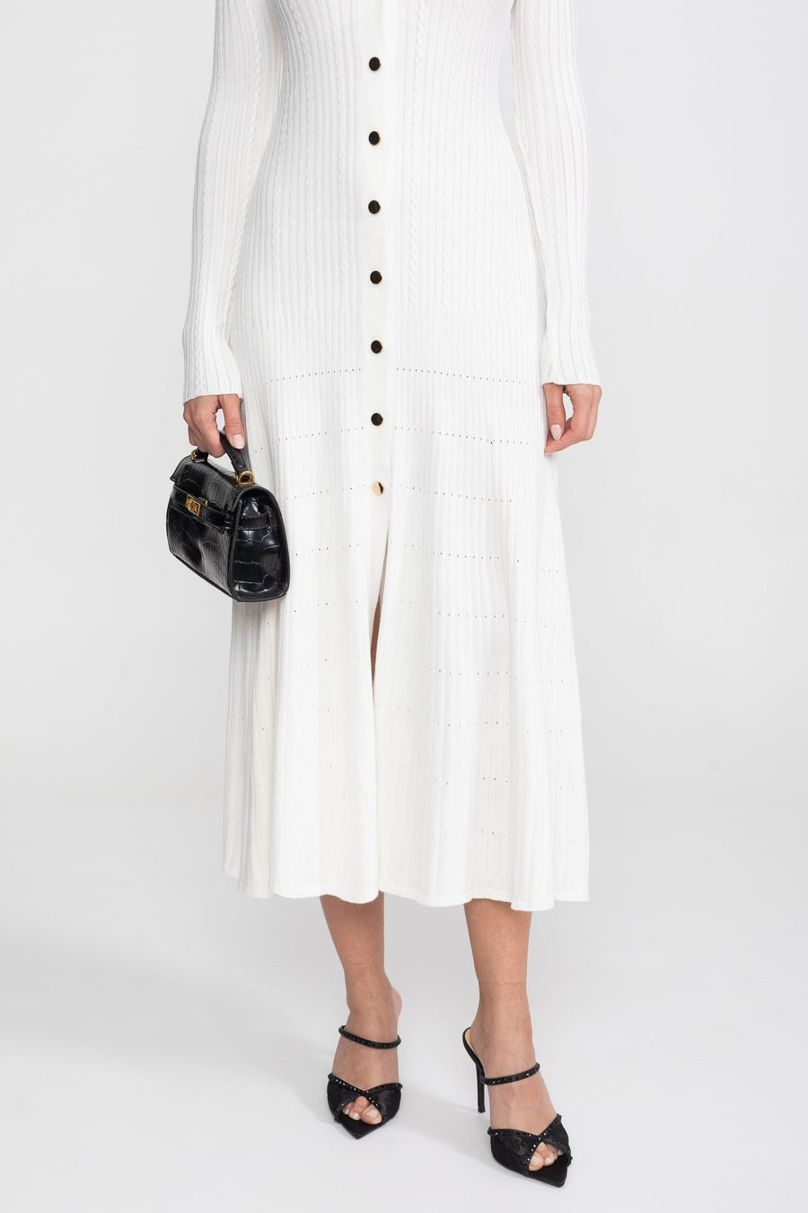 Long Sleeve Knit Midi Dress With Polo Collar And Monogram Patch - White