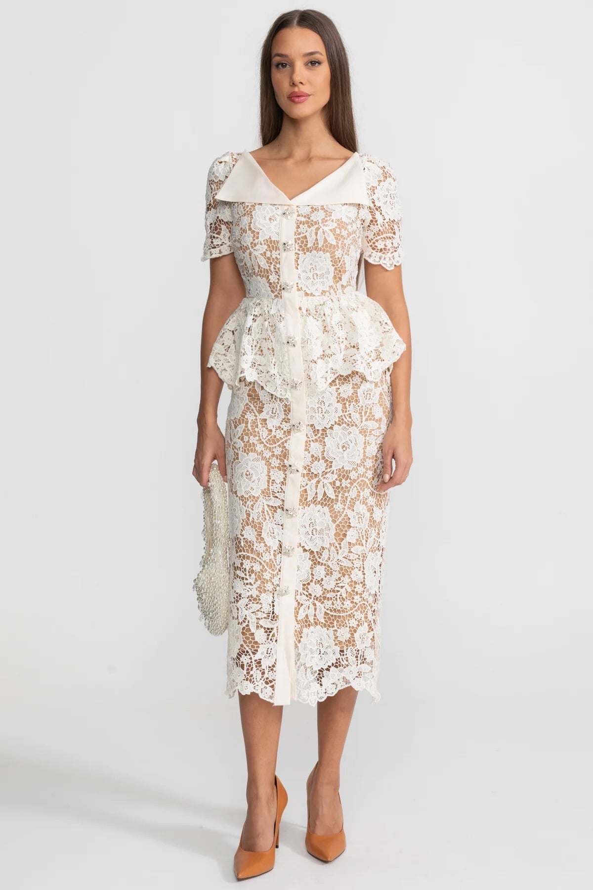 Lace Midi Dress with Peplum Waist and Satin Collar - Ivoire