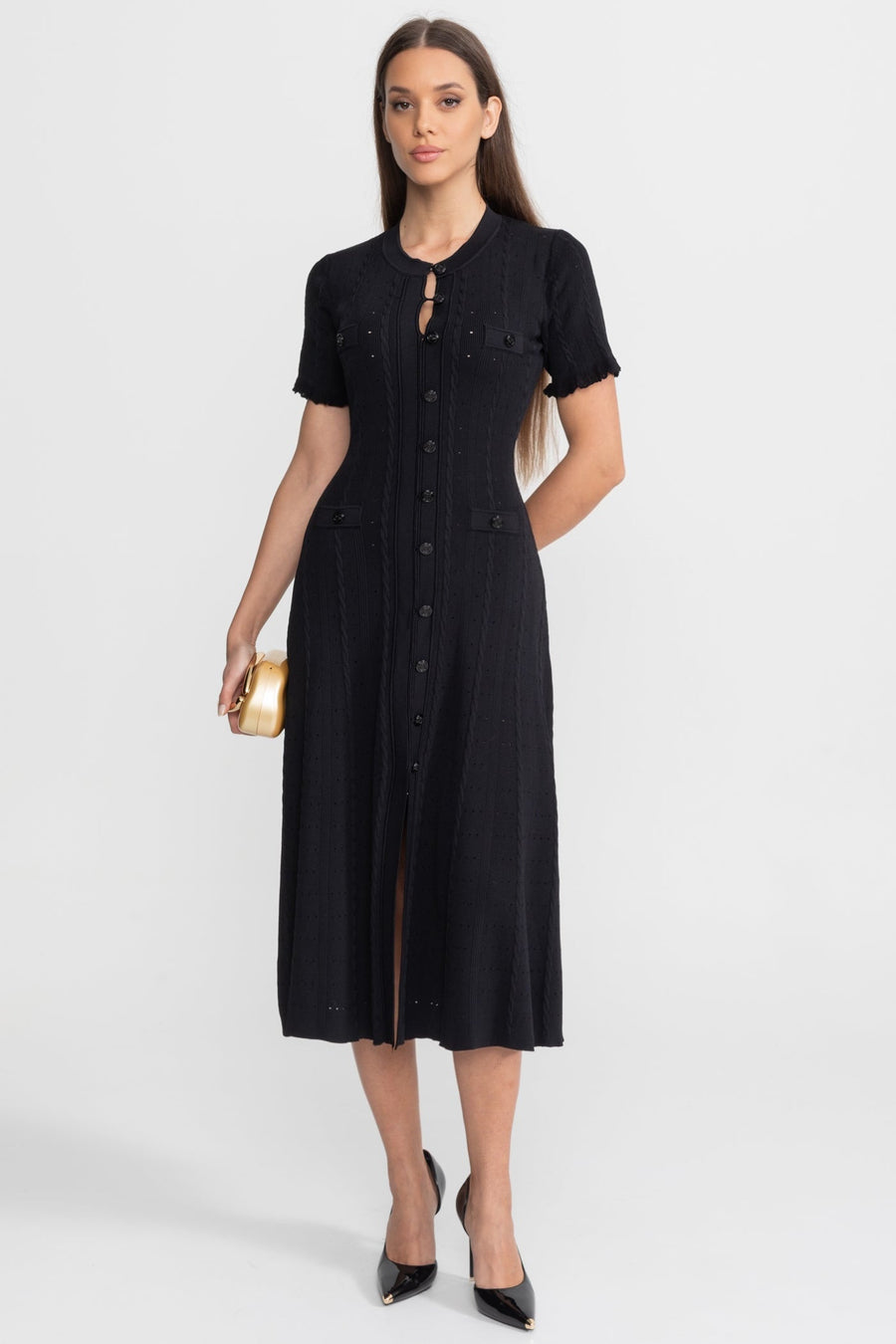 Knit Button-Front Midi Dress with Scalloped Sleeves – Black