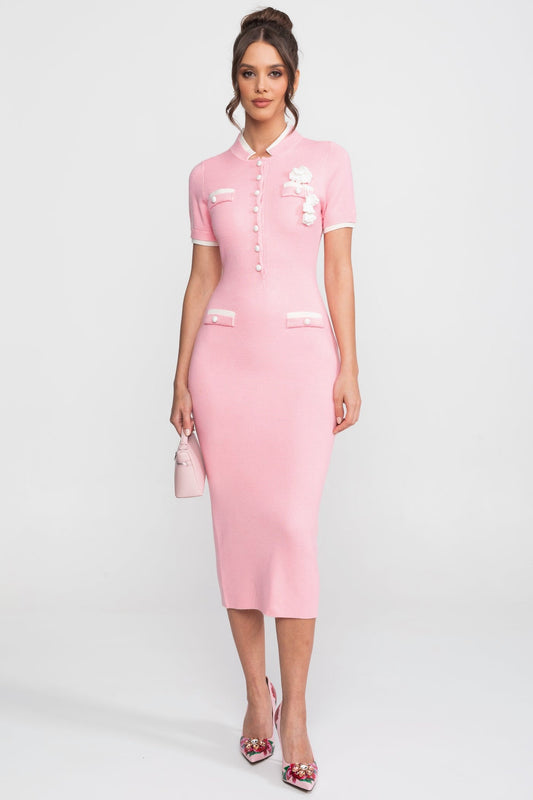 Ribbed Knit Midi Dress With Contrast Trim And Decorative Pockets - Pink
