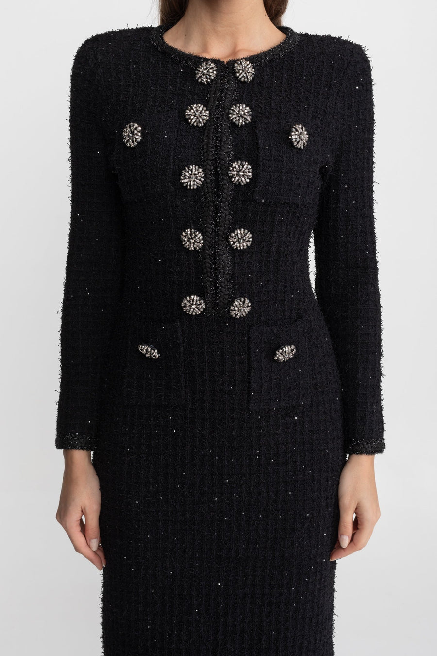 Textured Tweed Midi Dress with Crystal Button Detail – Black