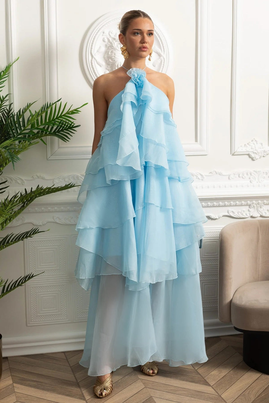 Halter Tiered Ruffle Maxi Dress - Sky Blue