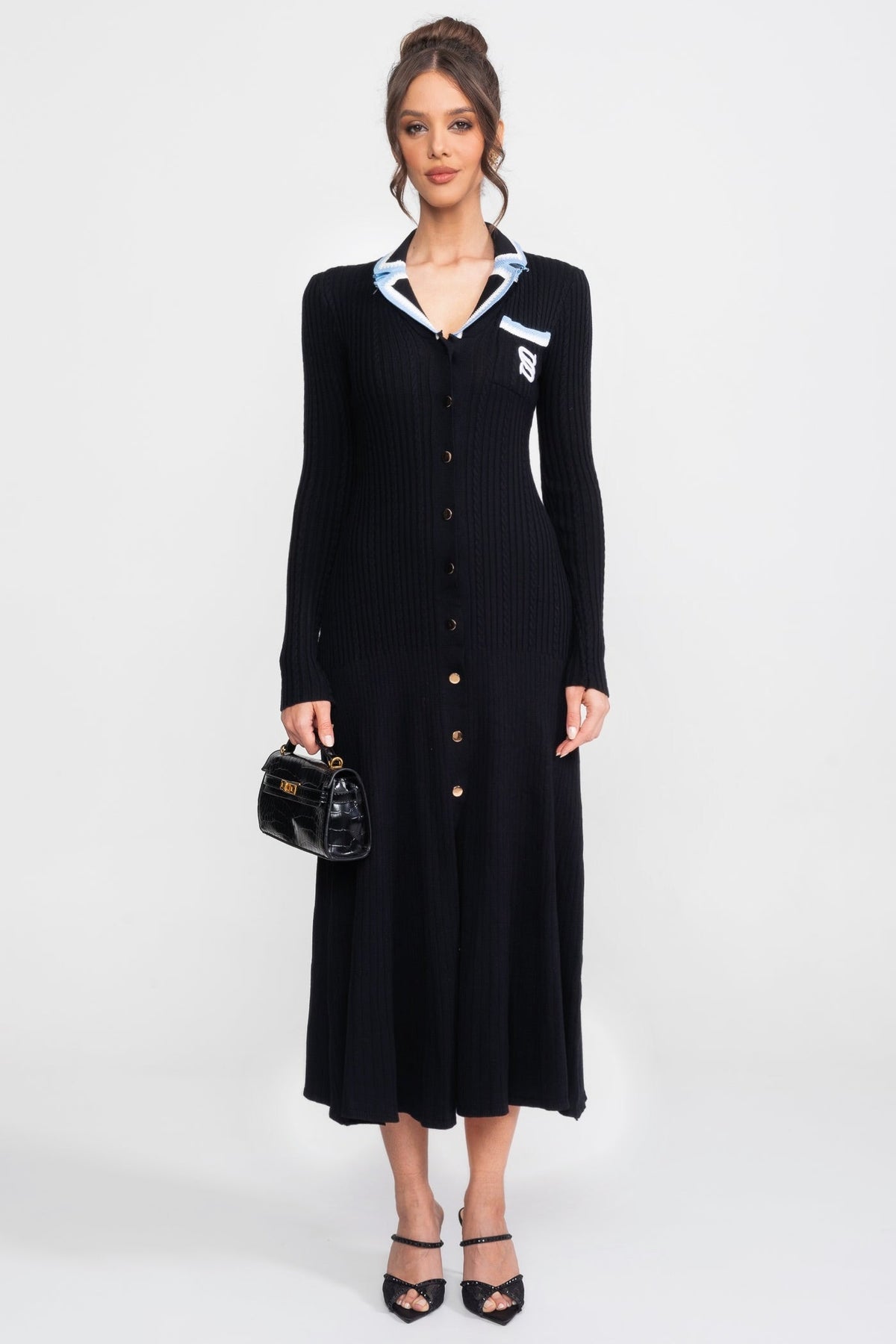 Long Sleeve Knit Midi Dress With Polo Collar And Monogram Patch - Black