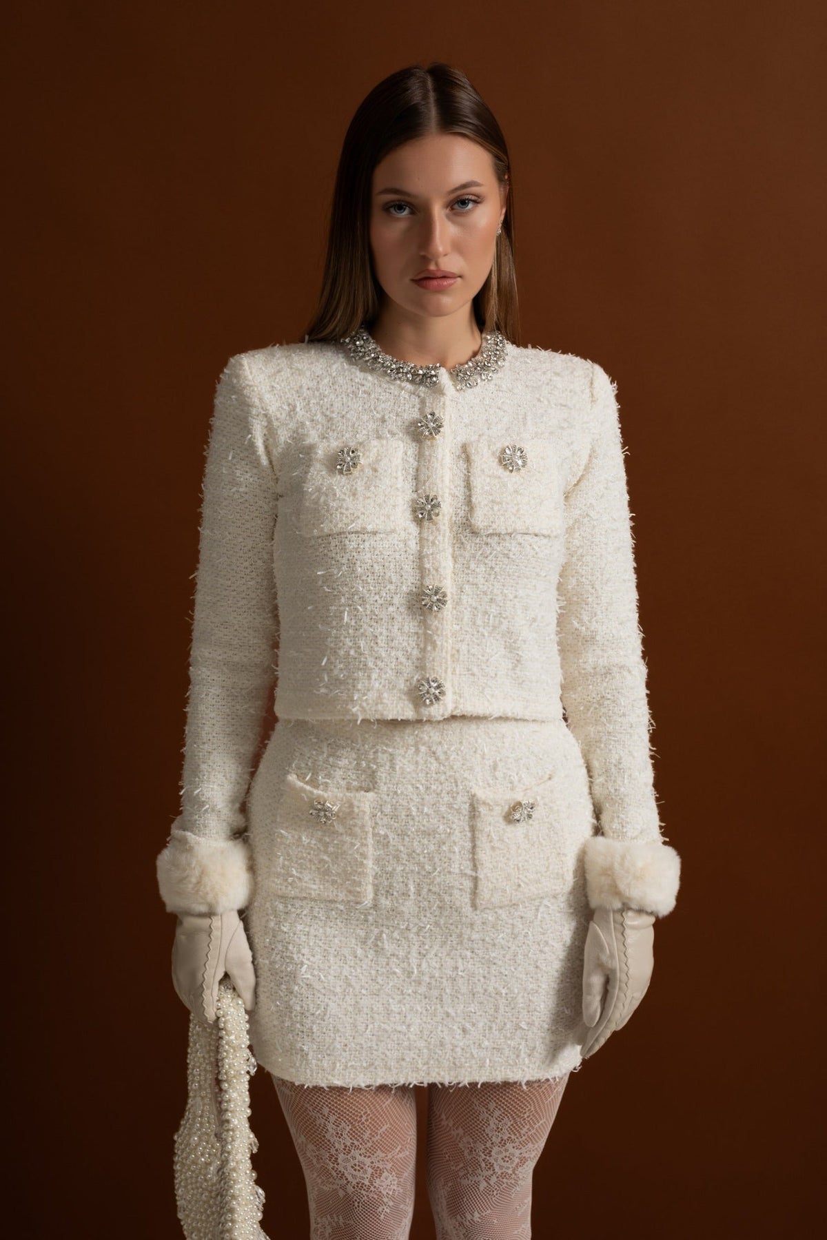 Tweed Mini Skirt With Crystal Buttons - White