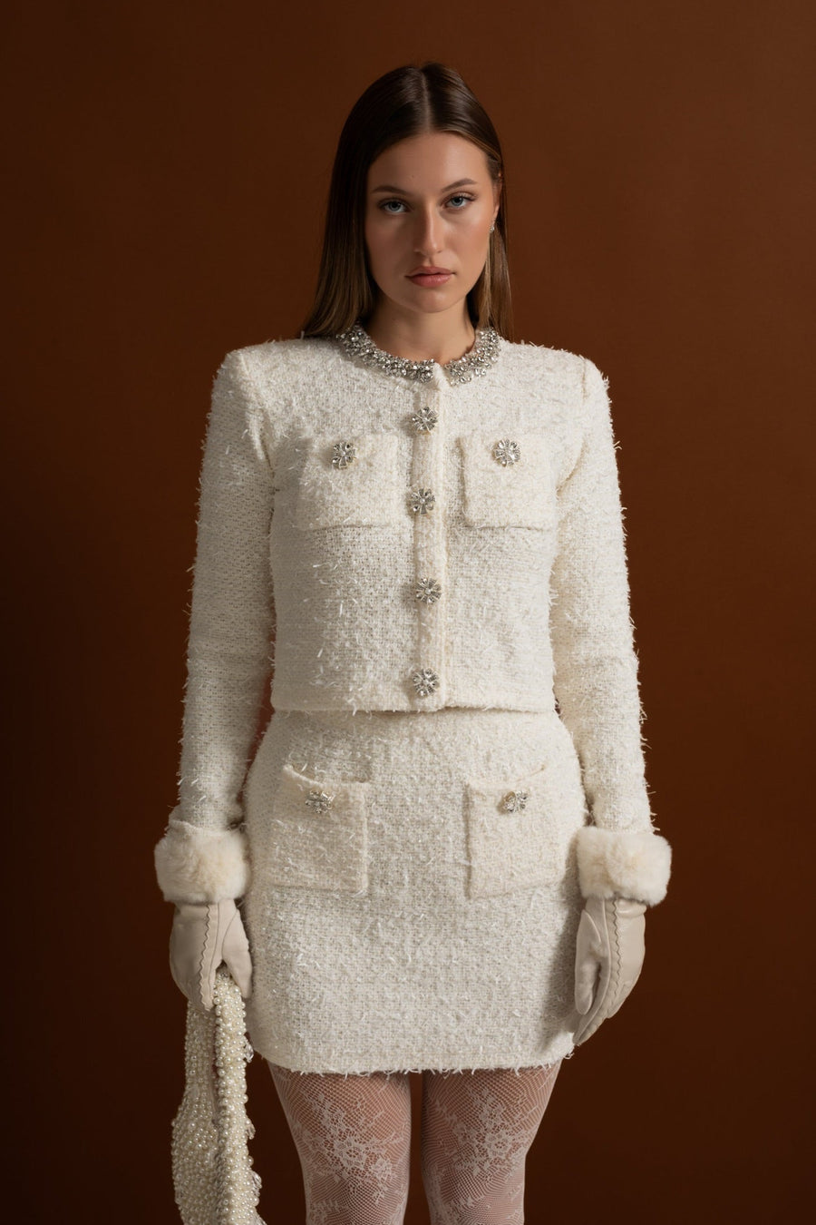 Tweed Mini Skirt With Crystal Buttons - White