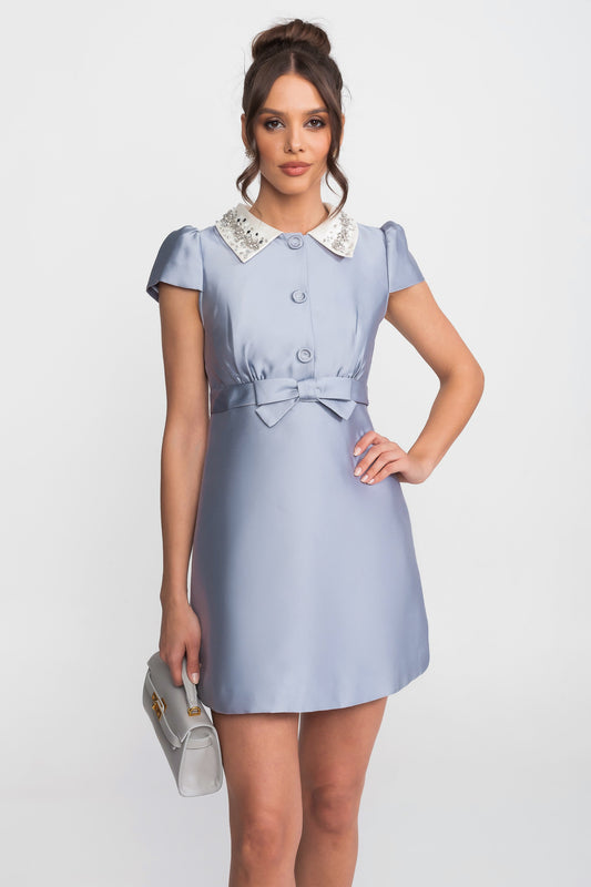 Satin Mini Dress With Crystal Peter Pan Collar And Bow Waist - Light Blue