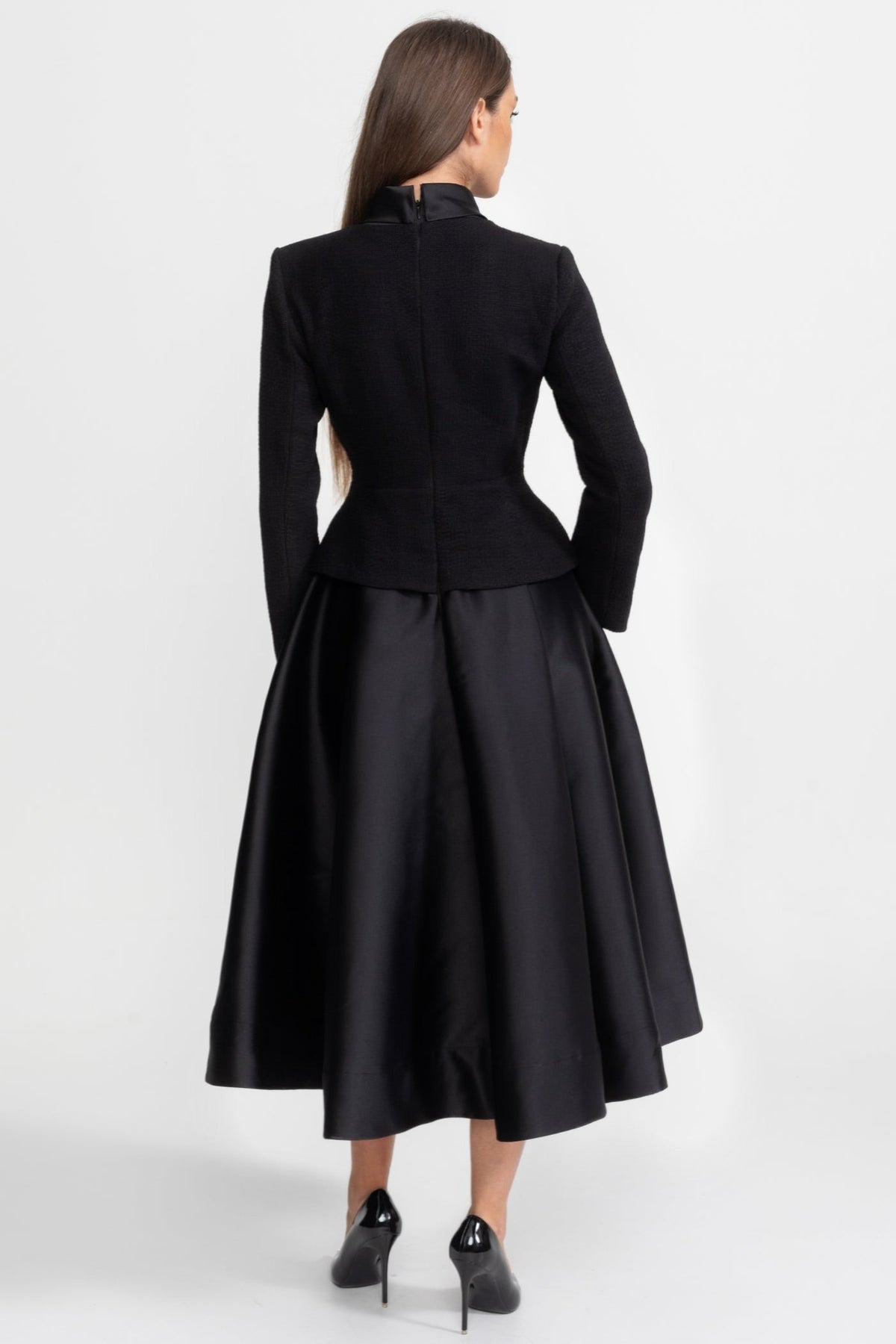 Structured Midi Dress with Embellished Jacket Overlay – Black