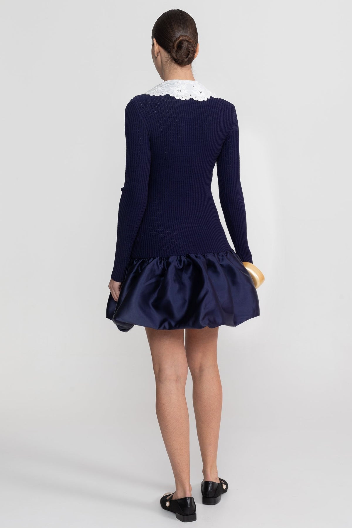 Knit Long Sleeve Mini Dress With Broderie Collar - Navy