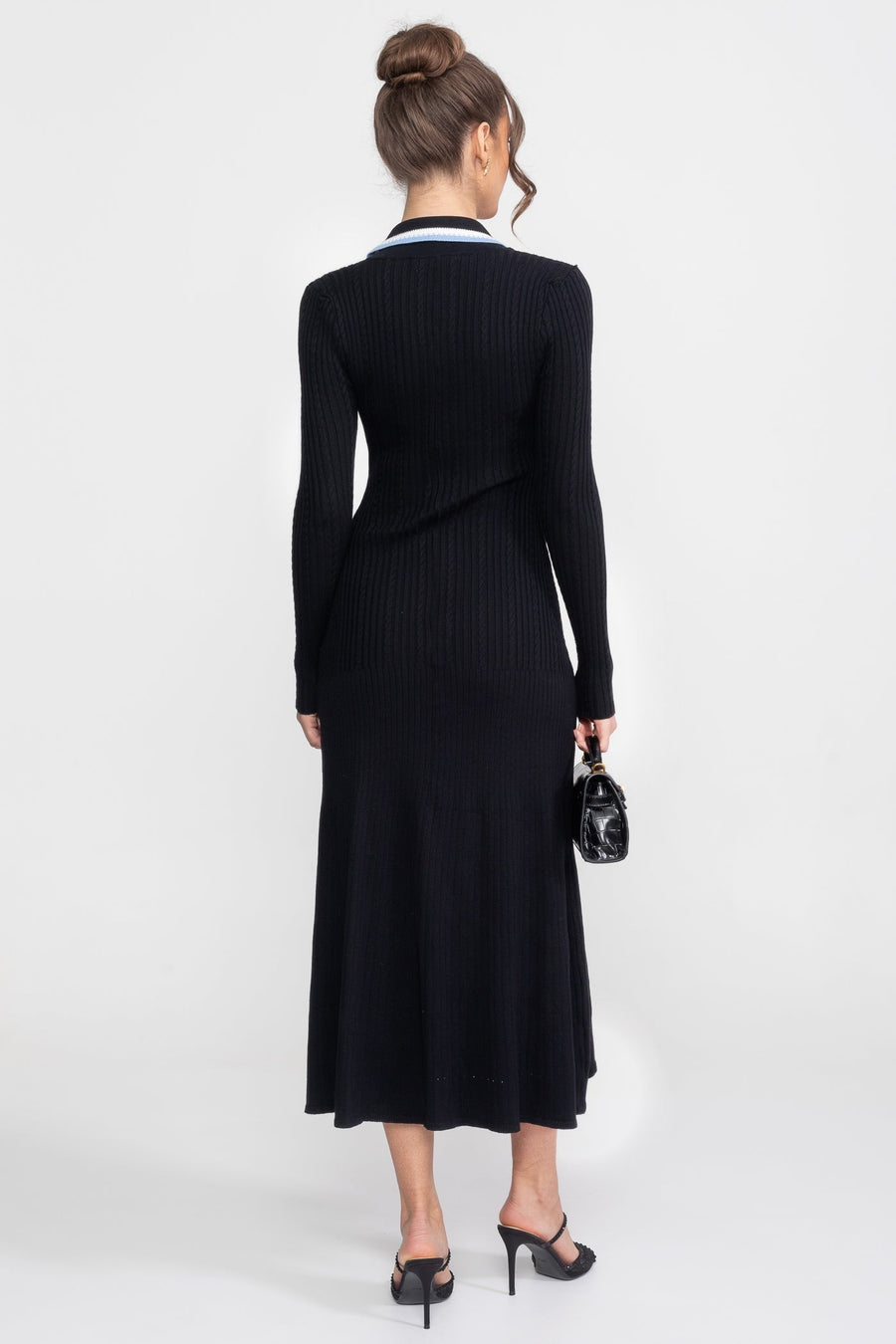 Long Sleeve Knit Midi Dress With Polo Collar And Monogram Patch - Black