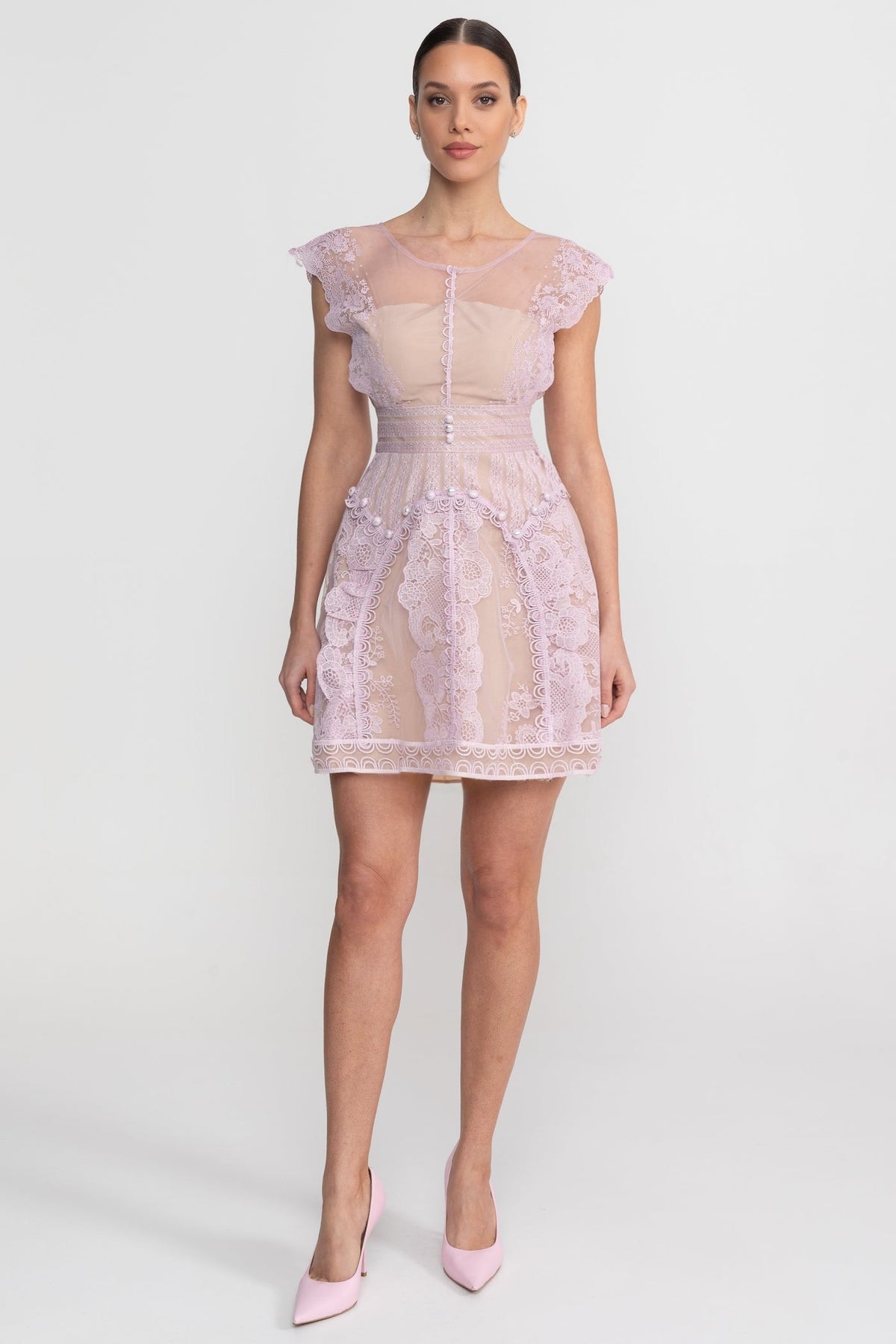 Cap Sleeve Mini Dress With Sheer Yoke And Pearl Button Detail - Lilac