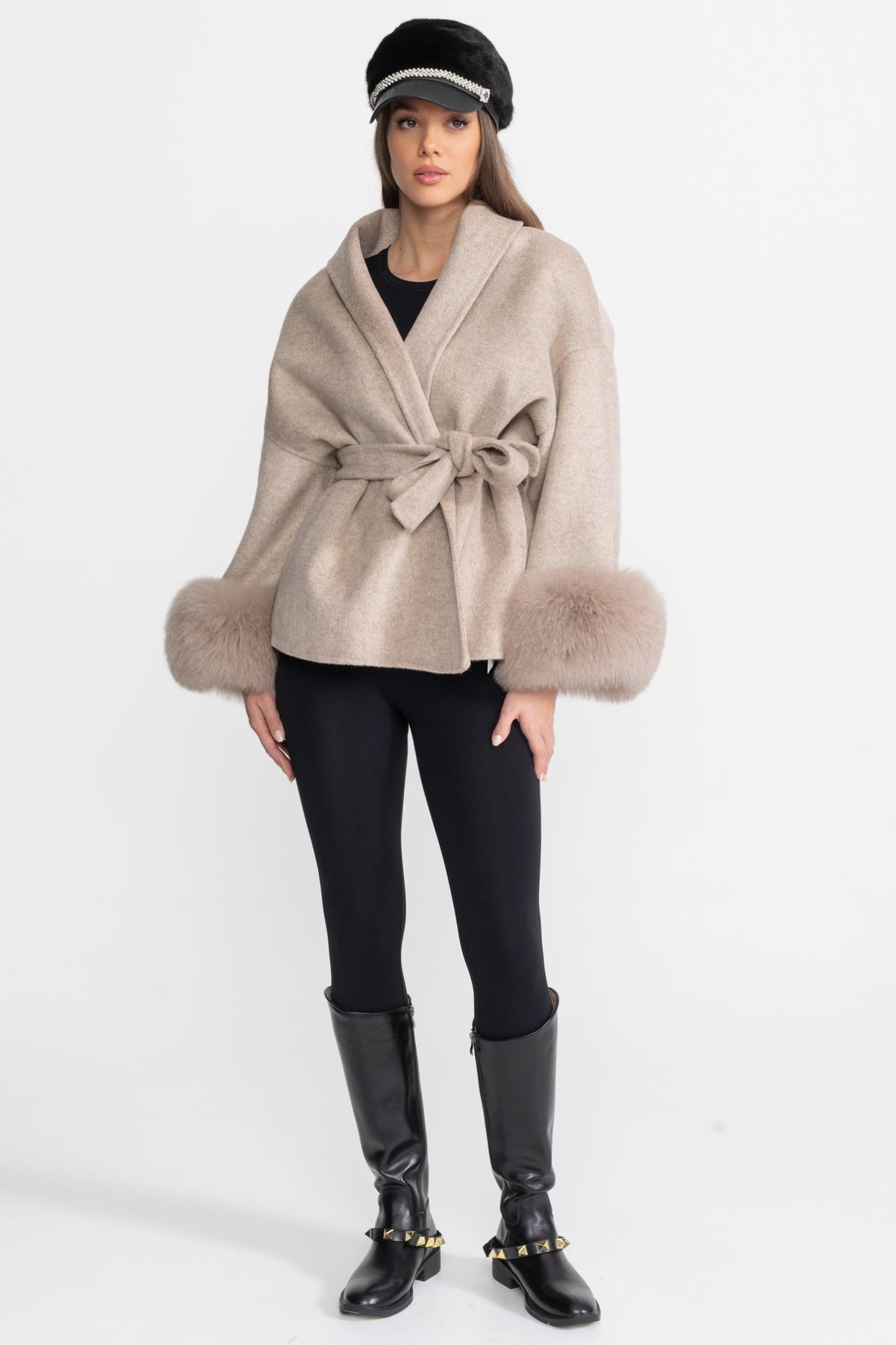 Wool Blend Wrap Jacket with Fox Fur Cuffs – Beige