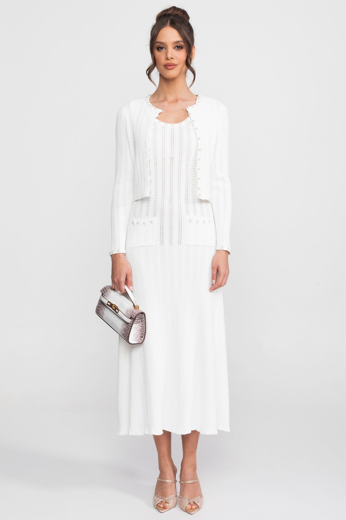 Ribbed Knit Dress and Cardigan Set With Pearl Button Detailing - White