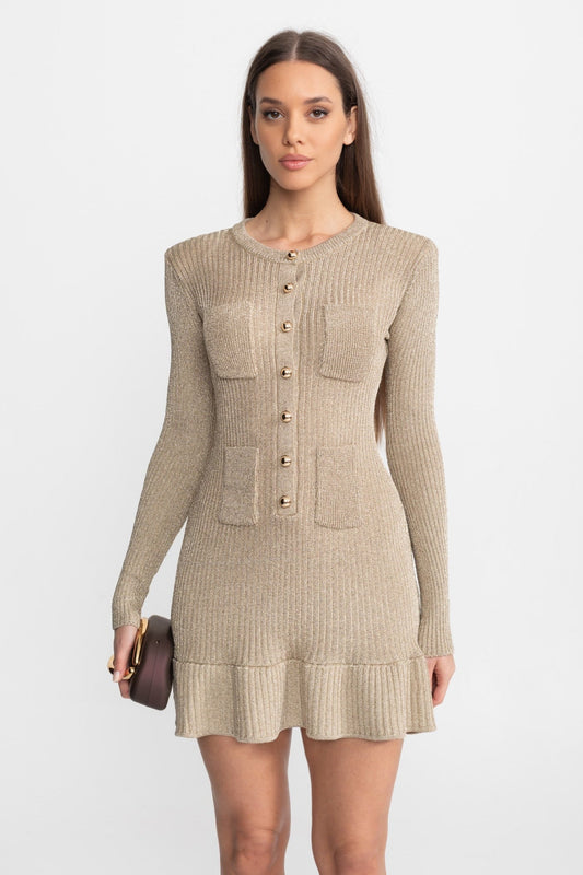 Ribbed Knit Mini Dress with Gold Button Front – Champagne