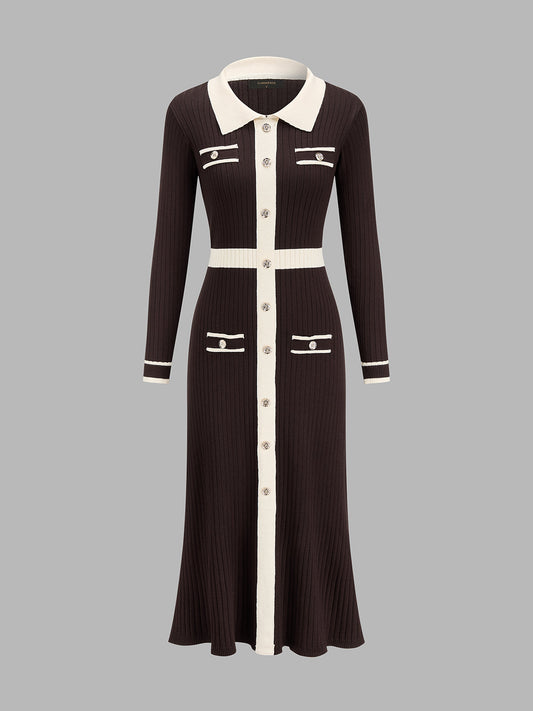 Color Block Ribbed Knit Midi Dress