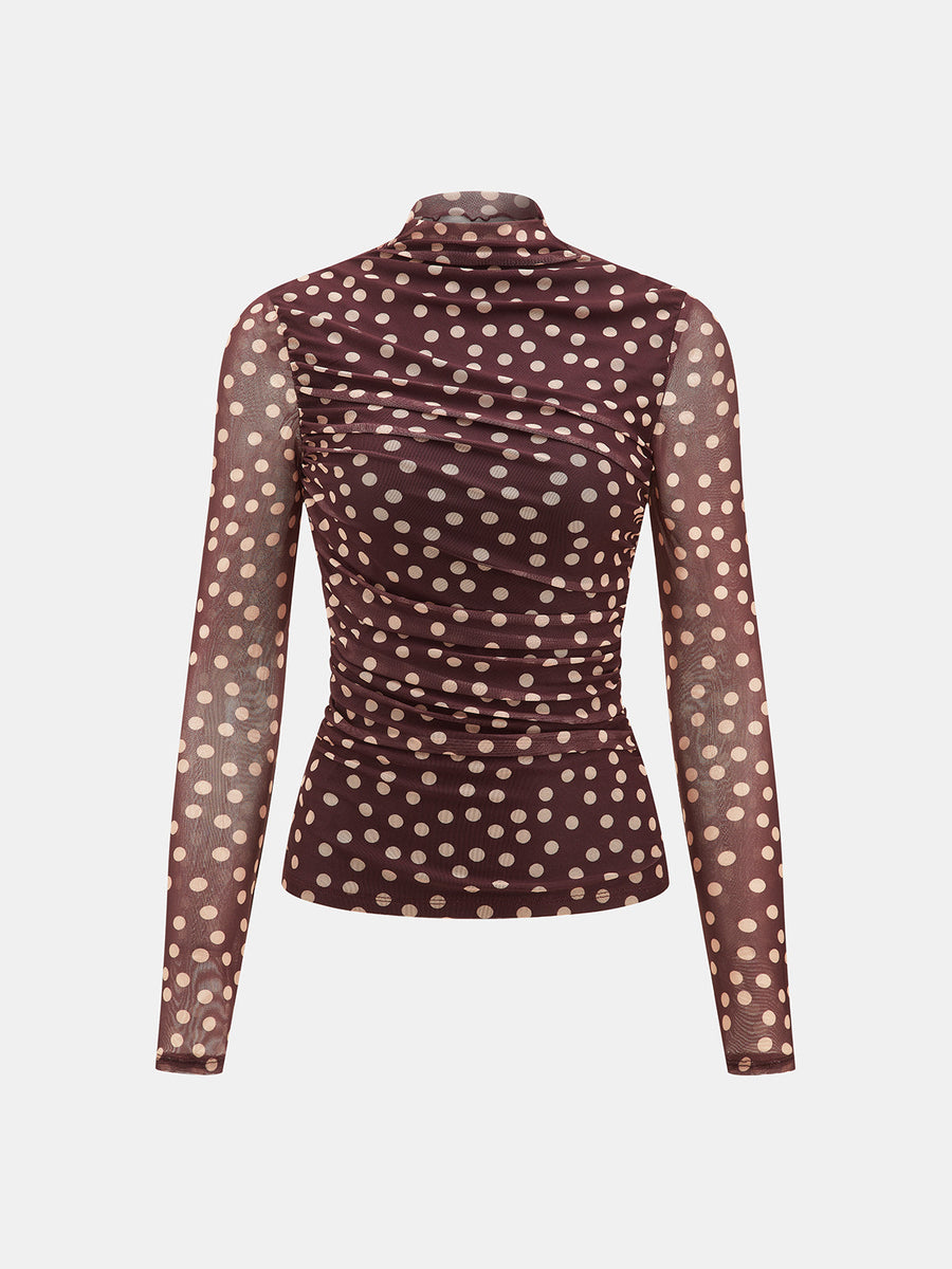 Polka Dot Ruched Mesh Top