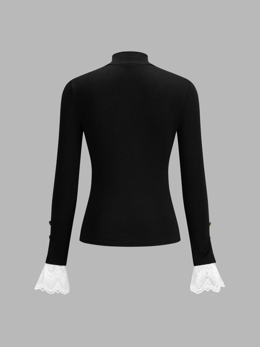 Lace Flare Cuff Mock Neck Top
