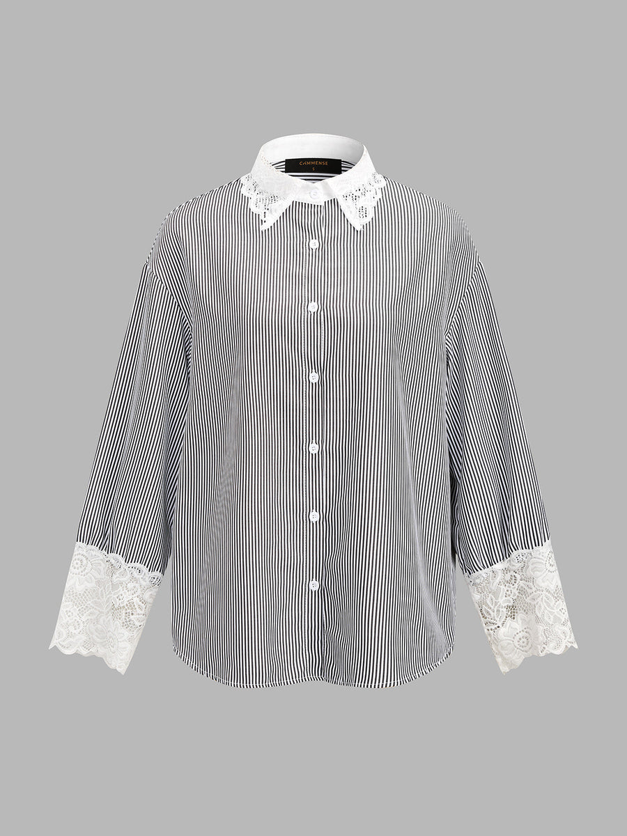 Lace Panel Striped Long Sleeve Shirt