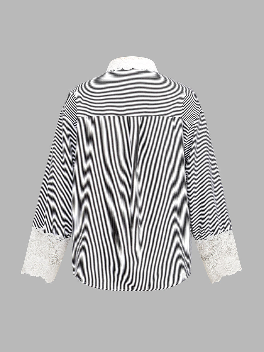 Lace Panel Striped Long Sleeve Shirt