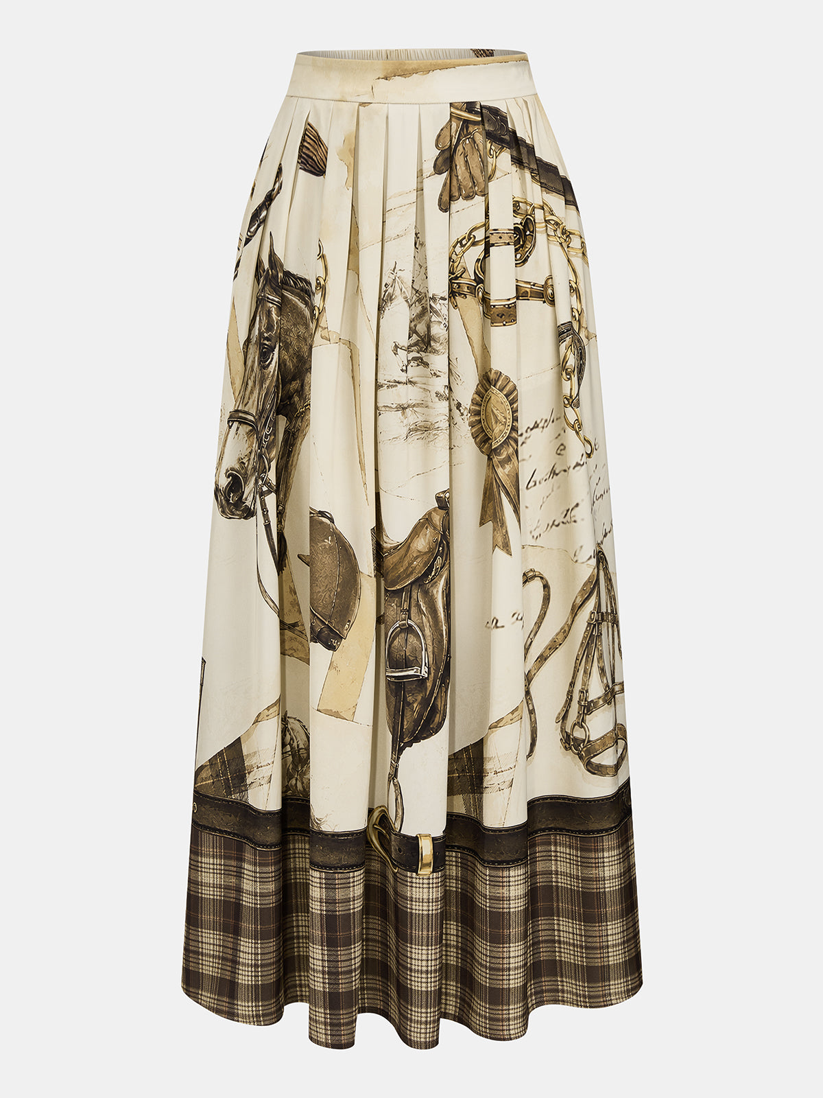 Equestrian Print Plaid Hem Pleated Maxi Skirt