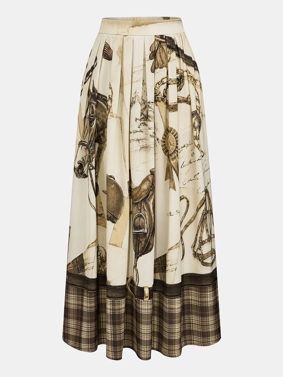 Equestrian Print Plaid Hem Pleated Maxi Skirt