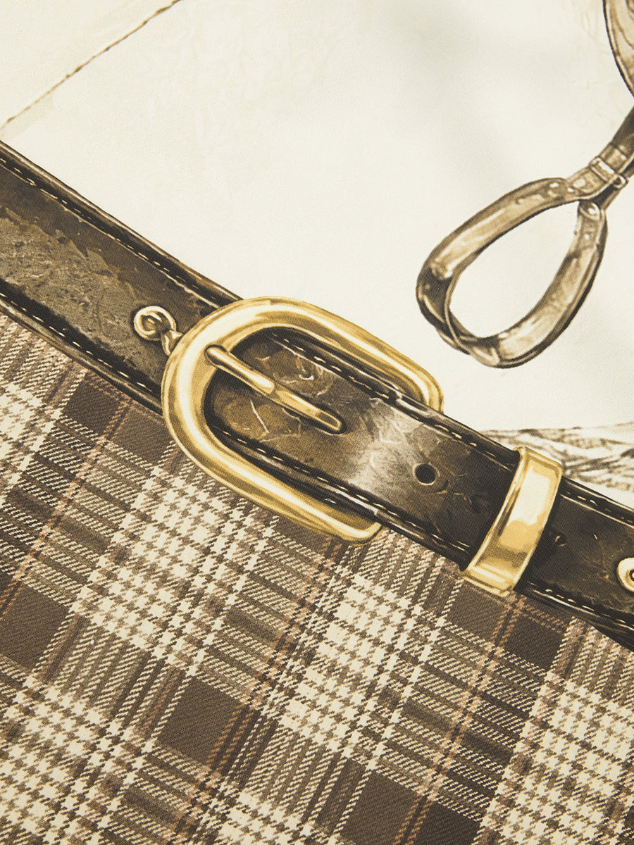 Equestrian Print Plaid Hem Pleated Maxi Skirt