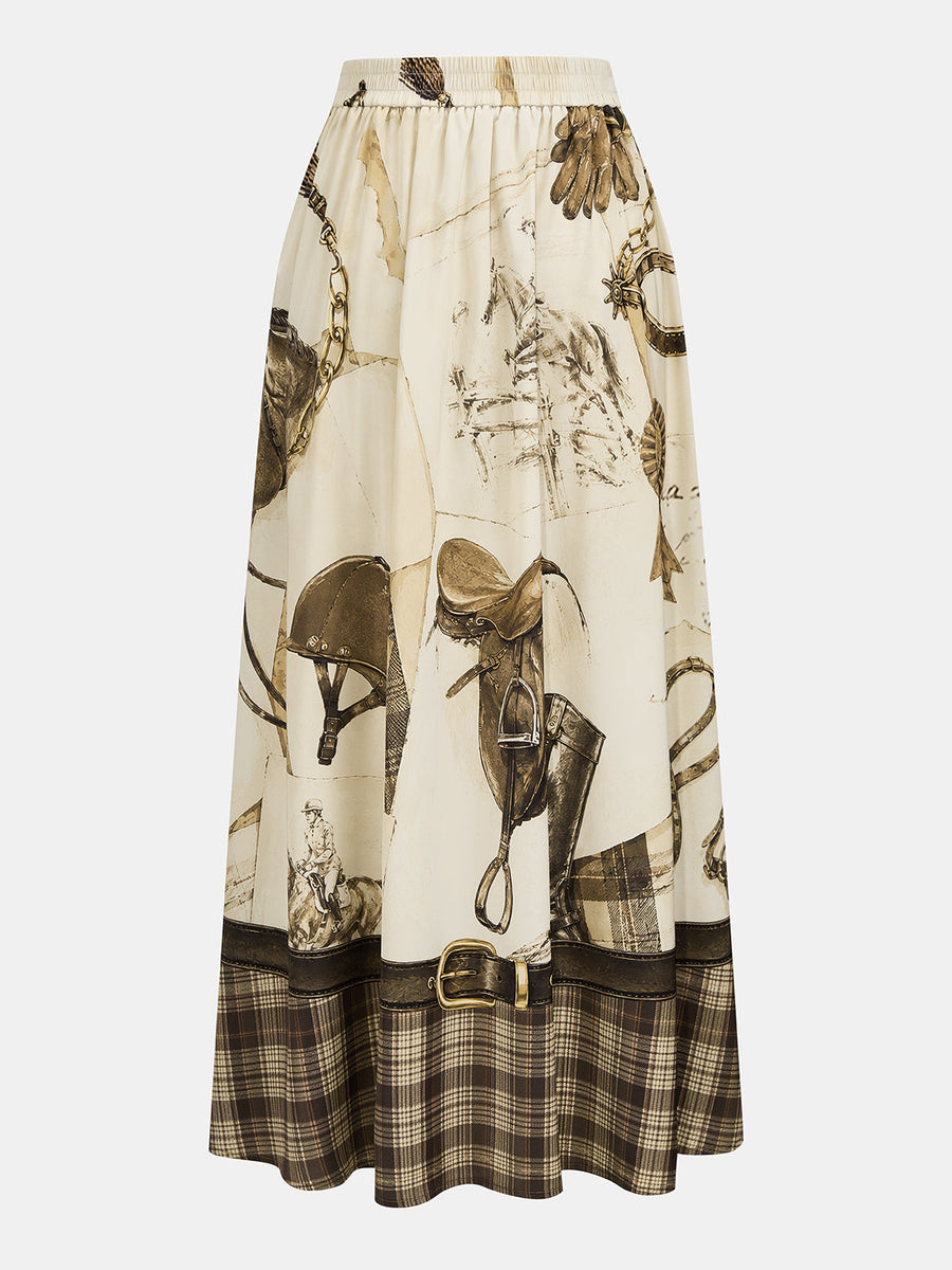 Equestrian Print Plaid Hem Pleated Maxi Skirt