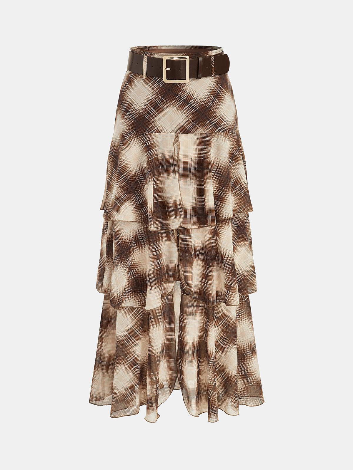 Belted Plaid Tiered Maxi Skirt