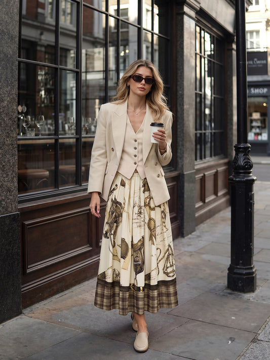 Equestrian Print Plaid Hem Pleated Maxi Skirt