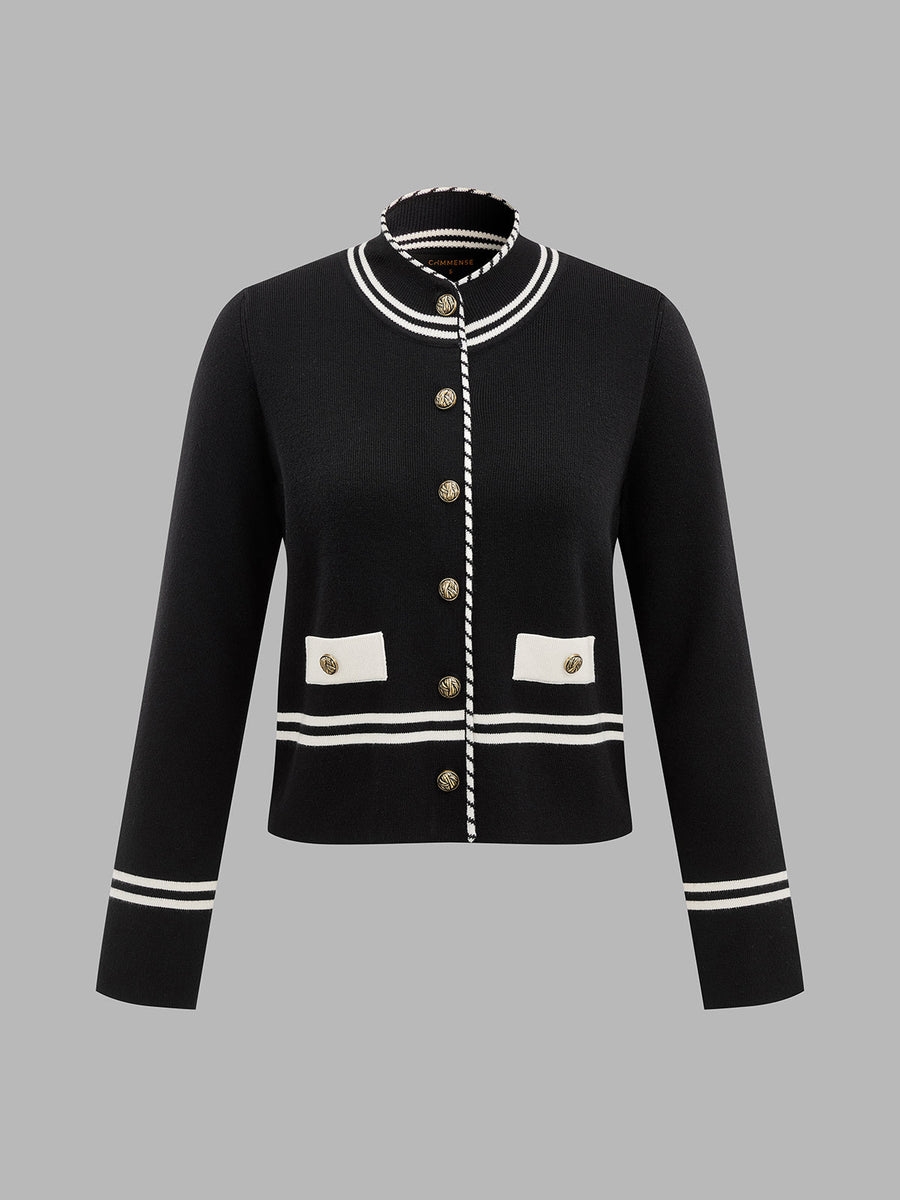 Contrast Trim Metal Button Wool Blend Knit Cardigan