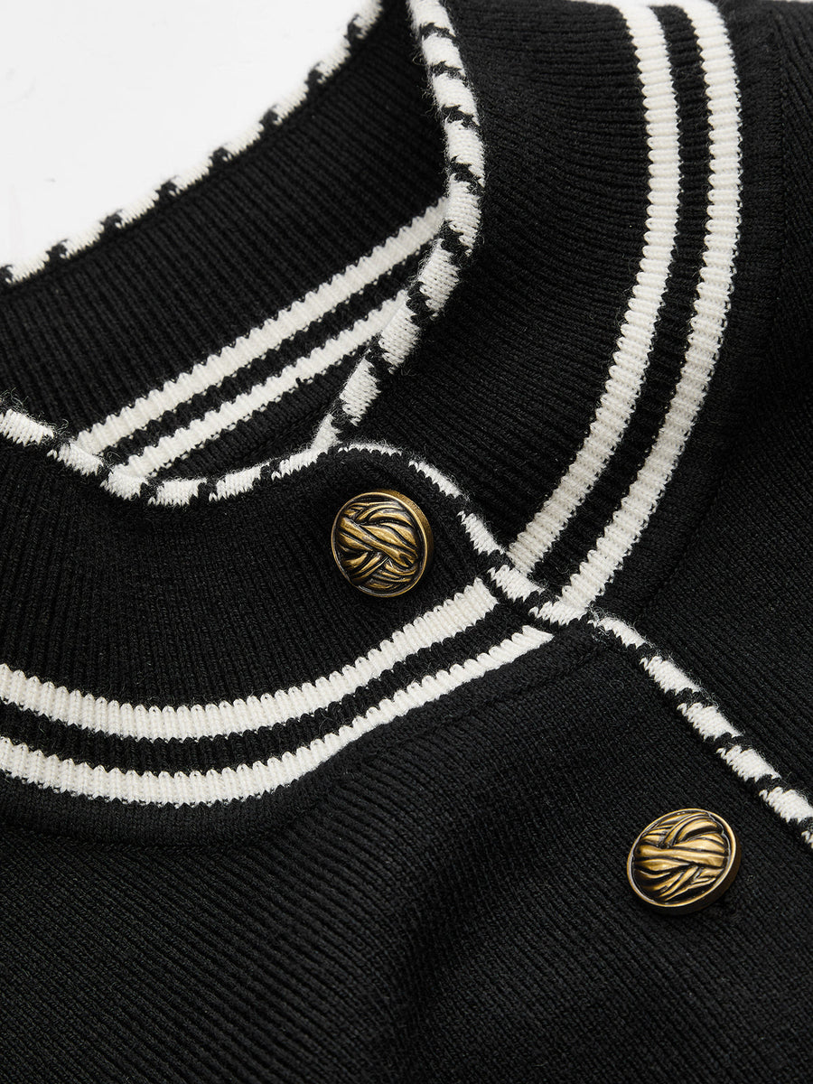 Contrast Trim Metal Button Wool Blend Knit Cardigan