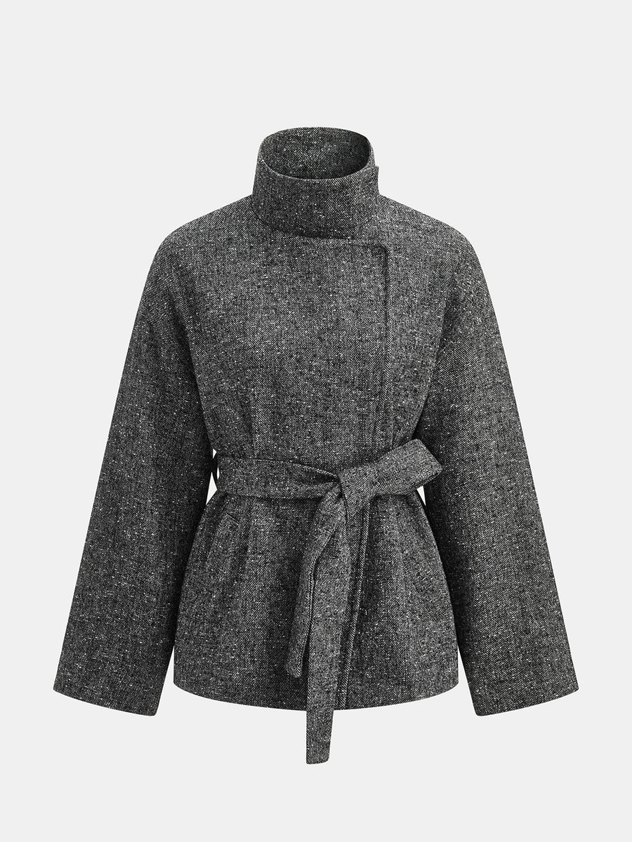 Belted Speckled Tweed Coat