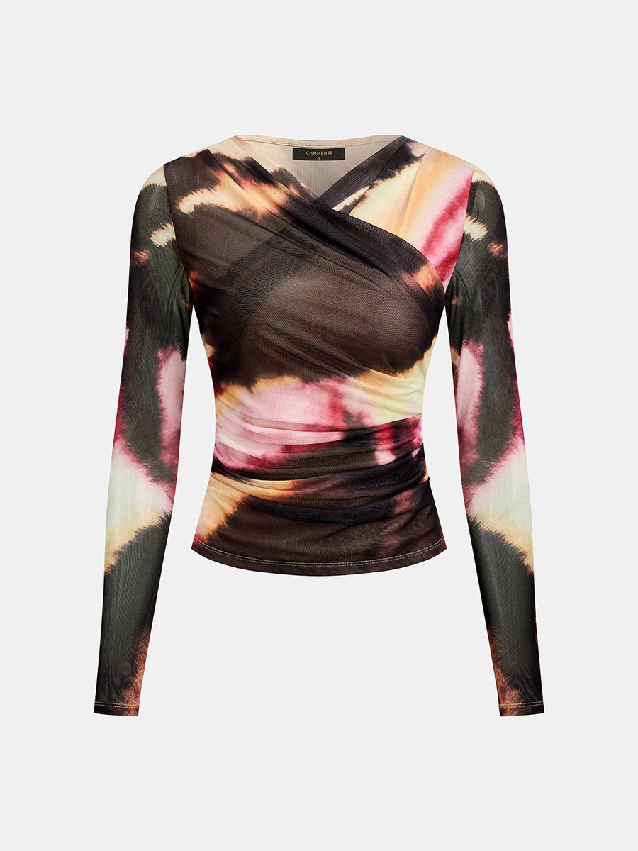 Cross Front Tie Dye Mesh Top