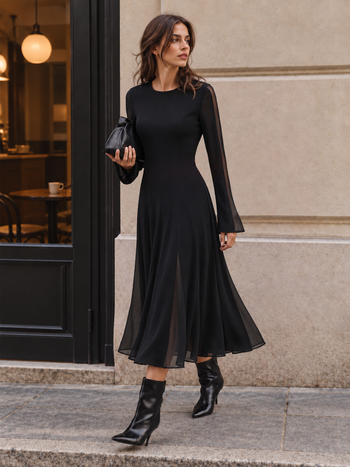 Sheer Panel Flare Sleeve Midi Dress