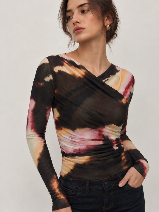 Cross Front Tie Dye Mesh Top