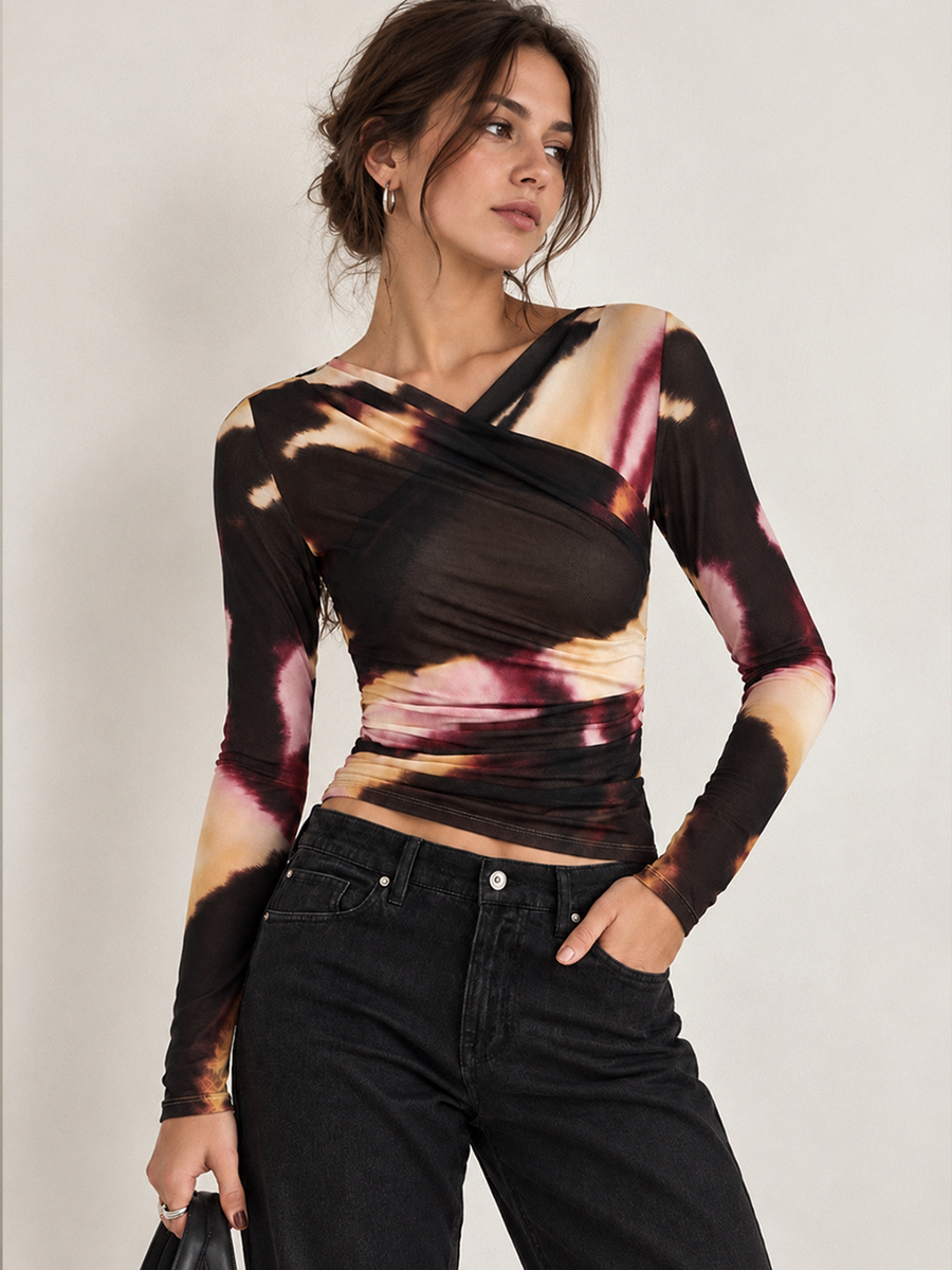 Cross Front Tie Dye Mesh Top