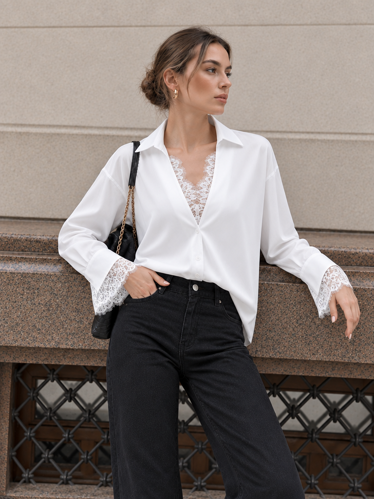 Lace V-Neck Long Sleeve Shirt
