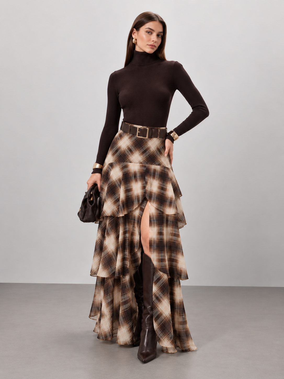 Belted Plaid Tiered Maxi Skirt